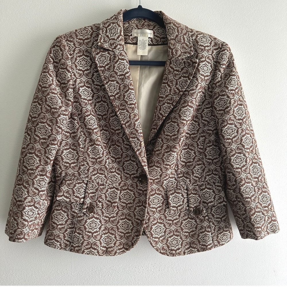 Worthington Women's Y2K Brocade Blazer Brown Floral Size 10 Tailored Classic